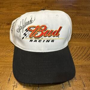 Vintage BUD Racing Cap Crew Autographed Strapback Hat Made - Big Stitched Logo